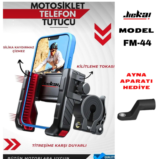 FM-44 MOTOSİKLET TELEFON TUTUCU AYNA VE GİDON APARATLI