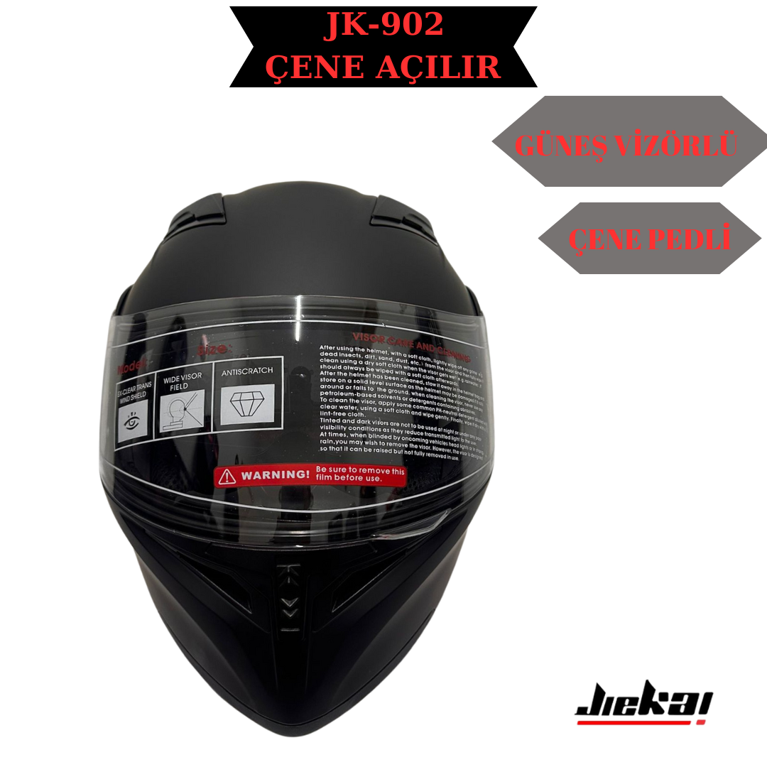 JK-902 ÇENE AÇILIR KASK MATT SİYAH (  ÇENE PEDLİ )